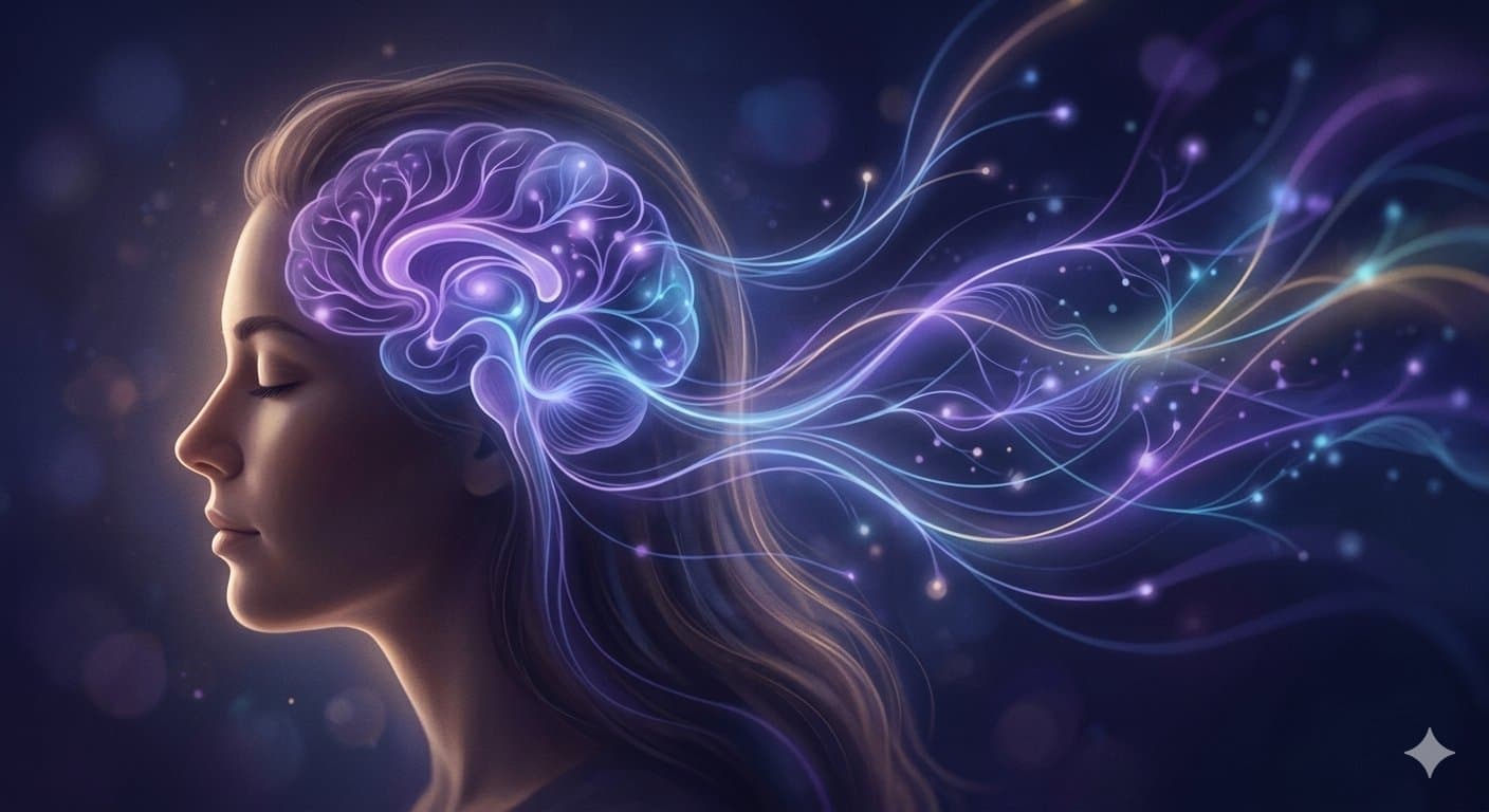Illustration of a person with flowing neural light streams representing insight and understanding